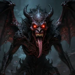 dark fantasy, monstrous demon with wings, horror, glowing eyes, gnashing teeth, forked tongue, bloody mouth, volumetric lights, intricate, intense detail, digital painting, artstation, concept art, smooth, sharp focus, cinematic, illustration, ugly face, style of h. r. giger, greg rutkowski, alphonse mucha, kentaro miura, 4