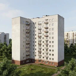 octane render of small soviet apartment building stands at russian suburbs, full frame
