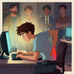 man working at the computer with chronic back pain, stiff joints, pain, bad posture, bad ergonomics, pixar style, shaded lighting poster by magali villeneuve, artgerm, jeremy lipkin and michael garmash, rob rey and kentaro miura style, trending on art station