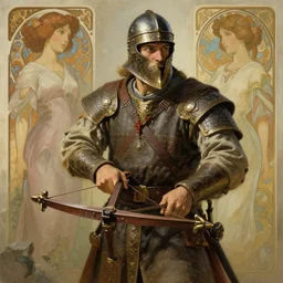 medieval genoese crossbowman, natural lighting, path traced, highly detailed, high quality, digital painting, by don bluth and ross tran and studio ghibli and alphonse mucha, artgerm