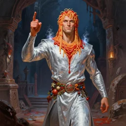 A proud spaghetti-man sauce-mage protagonist with silver boiling clothing and a belt of spices is exploring the grimdark dungeon depths. trending on Pixiv. trending on ArtStation. A vibrant digital oil painting. A highly detailed fantasy character illustration by Wayne Reynolds and Kev Walker and Gustave Dore and Carl Critchlow and Bram Sels