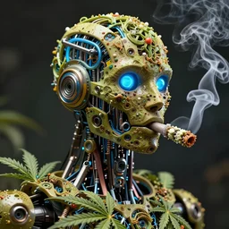 an amazing deep portrait of a robot made of marijuana being smoked, intricate detail, volumetric lighting, 8 k, photorealistic, digital art trending on artstation