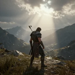 ork warrior struck by an arrow in the shoulder desolated mountains in the distance, god rays, octane render, unreal engine, vray, style of andrew baker, wide angle