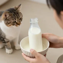 human holding milk bottle in a bowl with a cat watching