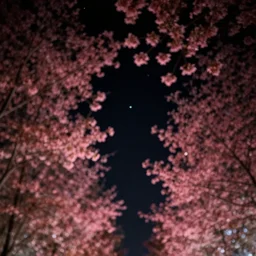 lomo photo of looking up at trees with pink leaves, black night sky, stars, cinestill, bokeh, out of focus, dramatic lighting