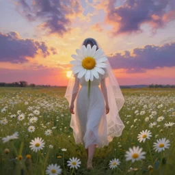 white daisy flower face, girl with veil walking in a flower field, surreal photography, sunrise, dramatic light, impressionist painting, colorful clouds, digital painting, artstation, simon stalenhag