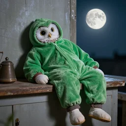 permanently exhausted pigeon moonlighting as a night owl in a green onesie
