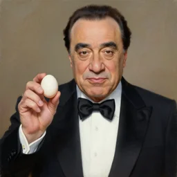 a painting of danny devito holding an egg