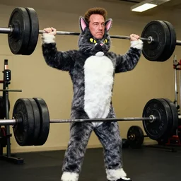 Arnold Schwarzenegger weight lifting while wearing a cat costumes