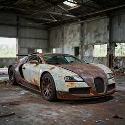 a derelict, abandoned rusty bugatti veyron in an abandoned warehouse