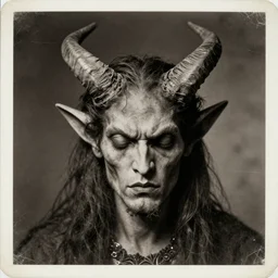 portrait of demon eith horns, old vintage photography, damaged photo, film artifacts, scratches, tears, high sharpness, hyperrealistic, ultra detailed, 4 k