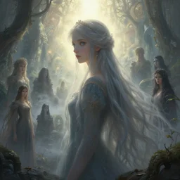 a highly detailed portrait of a princess with long hairs, a view to an eerie fantasy world, ethereal back light, mist, coherent composition, detailed fantasy painting by artgerm, noriyoshi ohrai, yuumei, stephen bliss, unreal engine, fantasy art by greg rutkowski, loish, rhads, ferdinand knab, makoto shinkai and lois van baarle, ilya kuvshinov, rossdraws, tom bagshaw, alphonse mucha, global illumination, radiant light, detailed and intricate environment