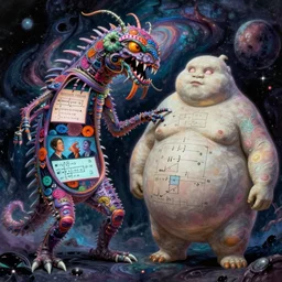 a long monster attached to a fat monster, both are deformed and have inside them mathematicians who know a lot about activation functions, ful color, cinematic surreal cosmic horror bizarre conceptual art