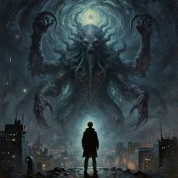 man is seeing old god eldritch horror cthulhu terrifying the night sky of a city, epic scene oil painting hyper - detailed gigantic cthulhu, realistic dark - art painted by van gogh