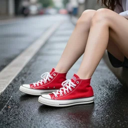 the legs of a woman sitting on a curb, wearing red converse shoes, wet aslphalt road after rain, blurry background, sigma 8 5 mm