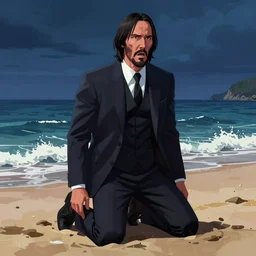 highly detailed full body portrait of suffering john wick kneeling on a beach looking with horror into the dark abys, concept art by jama jurabaev cel shaded cinematic shot trending on artstation high quality brush stroke hyperspace vibrant