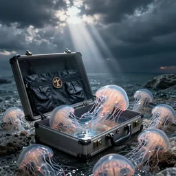 a lawyer accidentally opening a briefcase full of jellyfish, wide angle photo, flickr