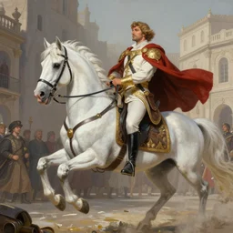a man, entering triunphantly a city in a white horse. full of pride. victorirous. prideful.. intricate, elegant, highly detailed, digital painting, artstation, concept art, sharp focus, illustration, by justin gerard and artgerm, 8 k