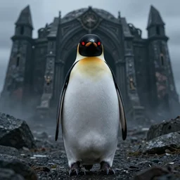penguin with red glowing eyes standing in front of minas morgul