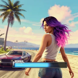 a stunning GTA V loading screen with a beautiful woman with ombre hairstyle in purple and pink blowing in the wind at the beach, outrun, vaporware, palm trees, retro, beautiful sky with cumulus couds, digital art, trending on artstation
