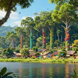 guatemala village on a lake, with lots of trees and pastel colored vines and birds, with a fairytale village with grass on the horizon, unreal engine