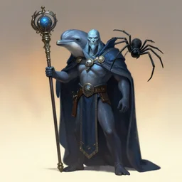 full character potrait of a genetic combination between dolphin & spider & human, holding a ceremonial staff, wearing a cloak, zdzislaw beksinski, lewis jones, dariusz zawadzki, wayne barlow, warhammer fantasy, cold hue's, warm tone gradient background, concept art, 4 k, ultra - high - definition