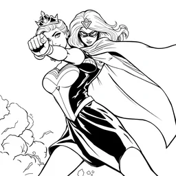 figure princess superhero punching crime, disney, marvel, cape, dress, powerful, beautiful, in the coloring book style, black and white,