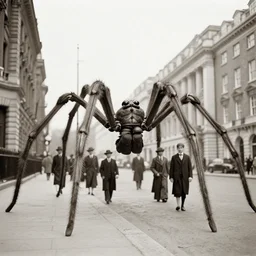 giant spiders wearing suits on the streets of london, 1930s photograph