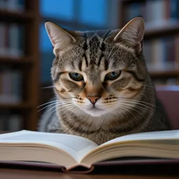 portrait photography of an intellectual cat studying in a library, stressed, sadly reading, concentrated reading a book, plane lighting, blue hour, face shot, highly detailed fur, trending on instagram.