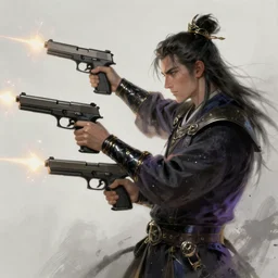 A sorcerer wielding two Glock pistols, bust shot, smooth, intricate, elegant, power aura, digital painting, artstation, concept art, high tech fantasy, sharp focus, illustration, art by James Jean