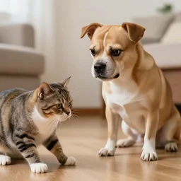 angry dog arguing with a careless cat