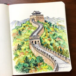 a illustration of the great wall of china, in a notebook, takashi murakami inspired, notebook paper, highly detailed, beautiful sketch drawing