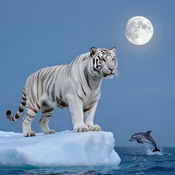 a white tiger with shining furs standing on the top of a iceberg, and a dolphin leap out of the ocean in the distance, a silver moon on the right of the sky, in the style of rafael
