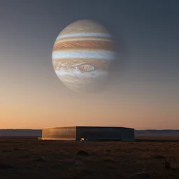 a serene landscape with a singular building at sunrise with a big jupiter appearing in the sky, digital art, concept art, octane render, unreal engine 5, hyperrealistic, highly detailed, high quality, 4K, low contrast, soft lighting, path tracing, complementary colors, natural lighting, geometric