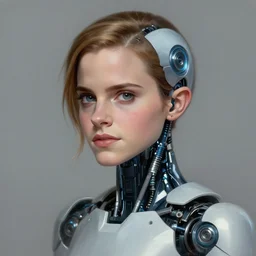A neuralink cyborg robot with the face of Emma Watson, masterpiece digital painting by Greg Rutkowski, Alex Grey, artstation, 4k wallpaper