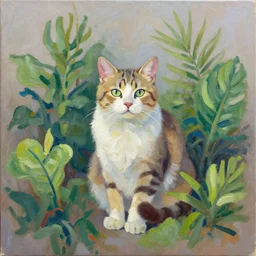 palette knife oil painting of a cat surrounded by plants