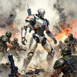 watercolour by esau andrews of cybernetic warrior who has been battling human forces for 1 0 0 s of years, final stand dramatic war