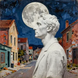 over - saturated decontructed professional pre - raphaelite decollage painting defined acid colours old white - headed man under the huge moon on a street of ruined city by adrian ghenie and takato yamamoto and austin osman spare and edward hopper and mark ryden and tsutomu nihei, very coherent, very fine details, baroque elements, perfect anatomy, intricate design. pop art. vivd colors.