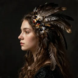 a woman's face in profile, long hair made of bird feathers, in the style of the dutch masters and gregory crewdson, dark and moody