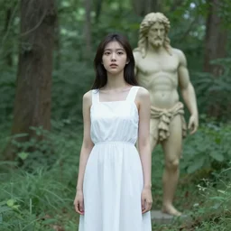 a young woman wearing a white dress encounters the great god pan in a forest clearing, 1 9 7 0 s, seventies, wallpaper, delicate embellishments, painterly, offset printing technique, by brom, robert henri, walter popp