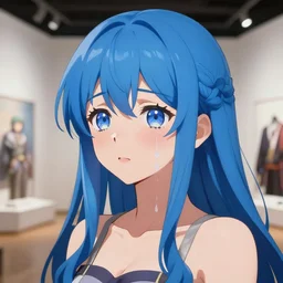 an infinitely detailed museum - quality artwork of an anime girl erika furudo from umineko when they cry, long blue hair, cute - fine - face, beautiful face render artstation, 4 k