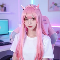 Portrait of Lauren Burch in ZeroTwo cosplay, gradient hair, inside multicolor led pastel gamer bedroom