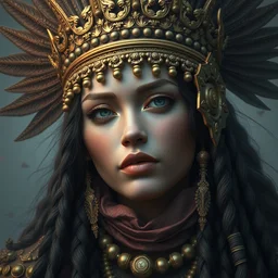 beautiful detailed 3 d matte painting of female empress of dark and light, indigenous, tribal, mononoke, wearing a golden crown, with a pale pink, by ellen jewett, tomasz alen kopera and justin gerard