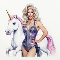 a drag queen and a unicorn, photorealistic sharpie drawing