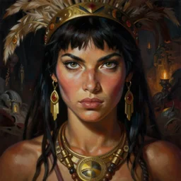 a highly detailed symmetrical painting of a female amazon warrior with piercing beautiful eyes in dark tomb setting, dynamic lighting, ambient lighting, deviantart, art by frank frazetta and glenn fabry