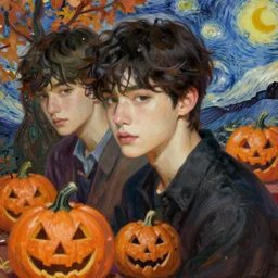 painting of young cute handsome beautiful dark medium wavy hair man in his 2 0 s named shadow taehyung and cute handsome beautiful min - jun together at the halloween jack o lantern party, melancholy, autumn colors, elegant, clear, painting, stylized, delicate, soft facial features, delicate facial features, soft art, art by alphonse mucha, vincent van gogh, egon schiele
