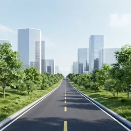 road leading to a beautiful green modern city, octane render