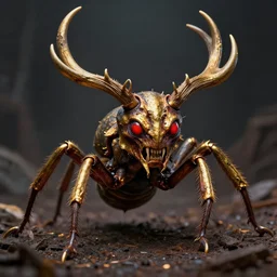angry detailed creature gold antlers, horror, red eyes, monstrous