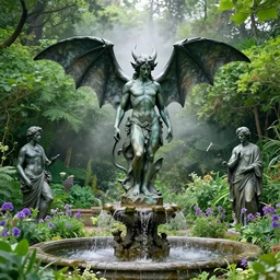 a statue of luciferian demon atop a fountain in a lush dense verdant garden by norman rockwell and ferdinand knab and gil elvgren and john atkinson grimshaw, bat wings, mist, hyperrealism, volumetric lighting, god rays, ultrafine details, sfumato, purple flowers, overgrown