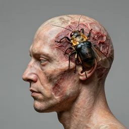 human head mutation into an insect head, half - profile shot, meaty, photoreal, by zdzisław beksinski